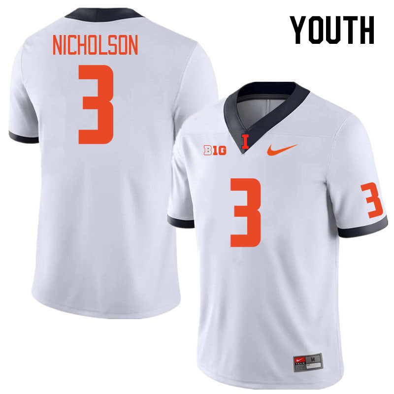 Youth #3 Tahveon Nicholson Illinois Fighting Illini College Football Jerseys Stitched Sale-White